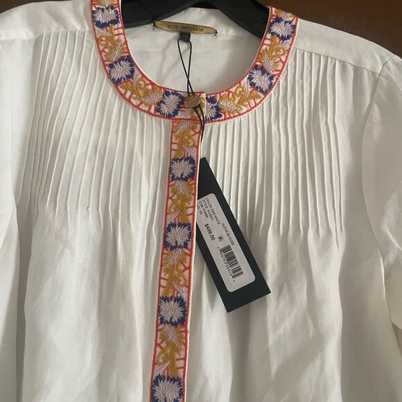 Kobi Halperin White and Blue Embellished Blouse with Mandarin Collar - Picture 3 of 4